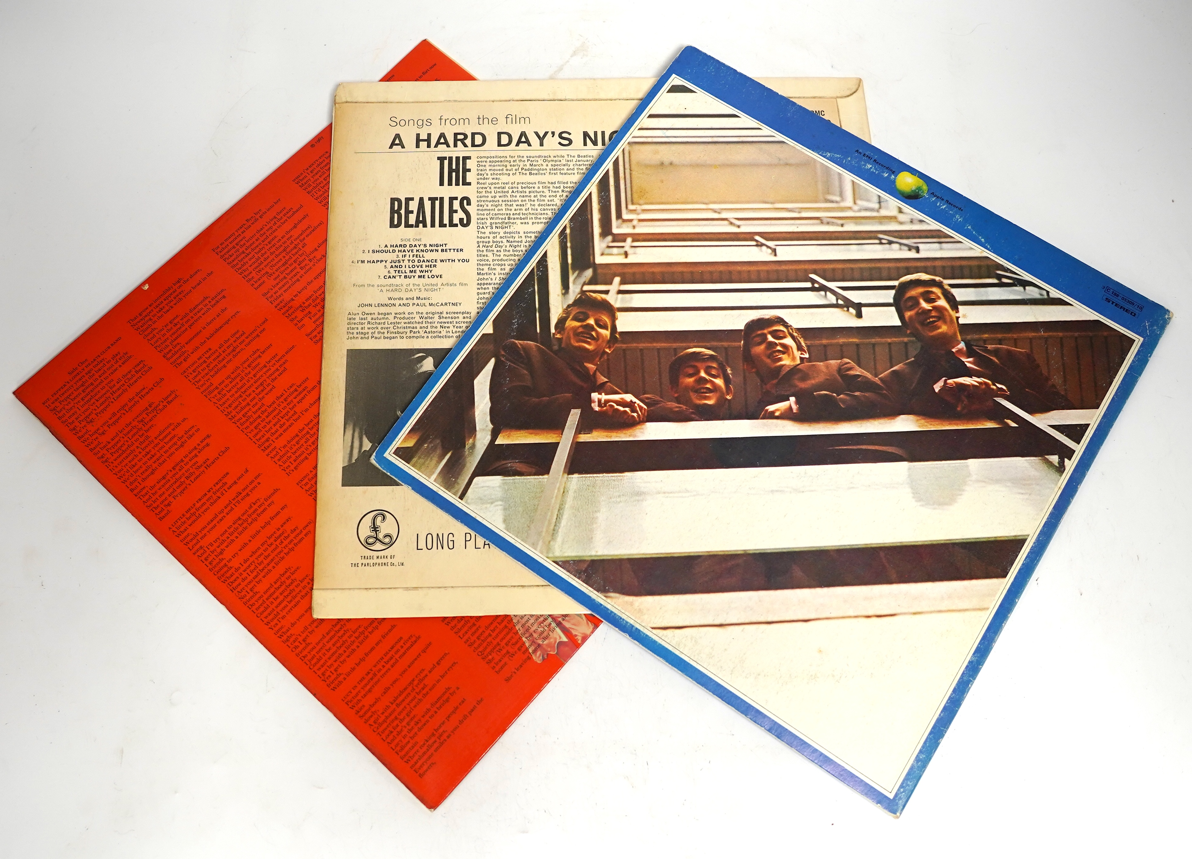 Eight Beatles and Paul McCartney LP record albums including; St. Pepper (with card insert), A Hard Day’s Night, XEX.481, The Beatles 1967-1970, Abbey Road, Rubber Soul, Venus and Mars, London Town, Pipes of Peace